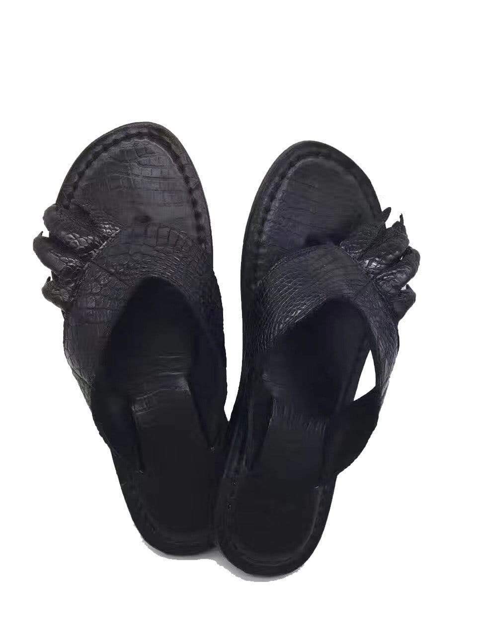 Genuine crocodile leather men's slippers by Rossie Viren, stylish shoes with textured crocodile pattern and slip-on design.