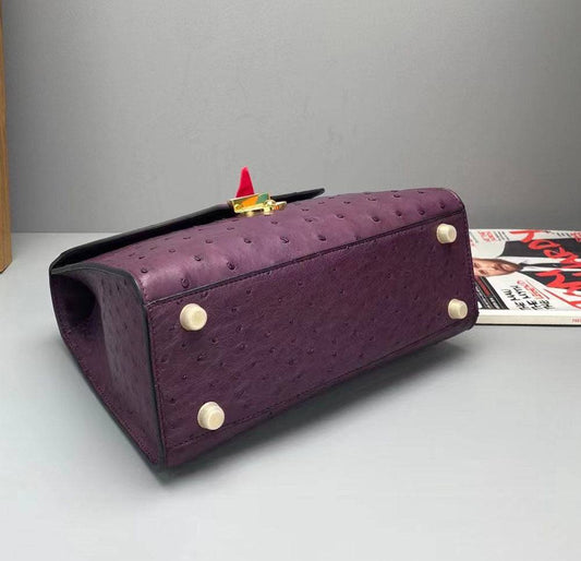 Genuine Ostrich Leather Top Handle Bag Purple