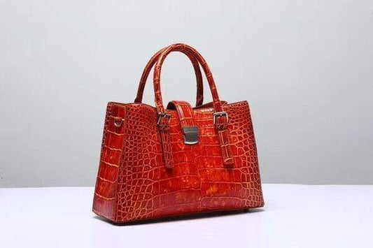 Genuine Crocodile Leather Top Handle Tote Shoulder Bag Vintage Orange