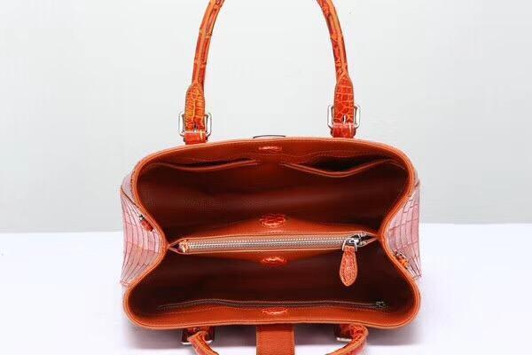Genuine Crocodile Leather Top Handle Tote Shoulder Bag Vintage Orange