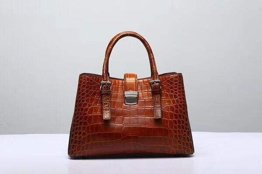 Genuine Crocodile Leather Top Handle Tote Shoulder Bag Vintage Wine Red