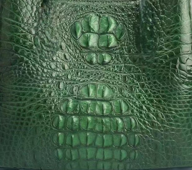 Green Crocodile Leather 4-Wheeled Trolley Suitcase by Rossie Viren, stylish travel luggage with sturdy wheels and premium leather finish.