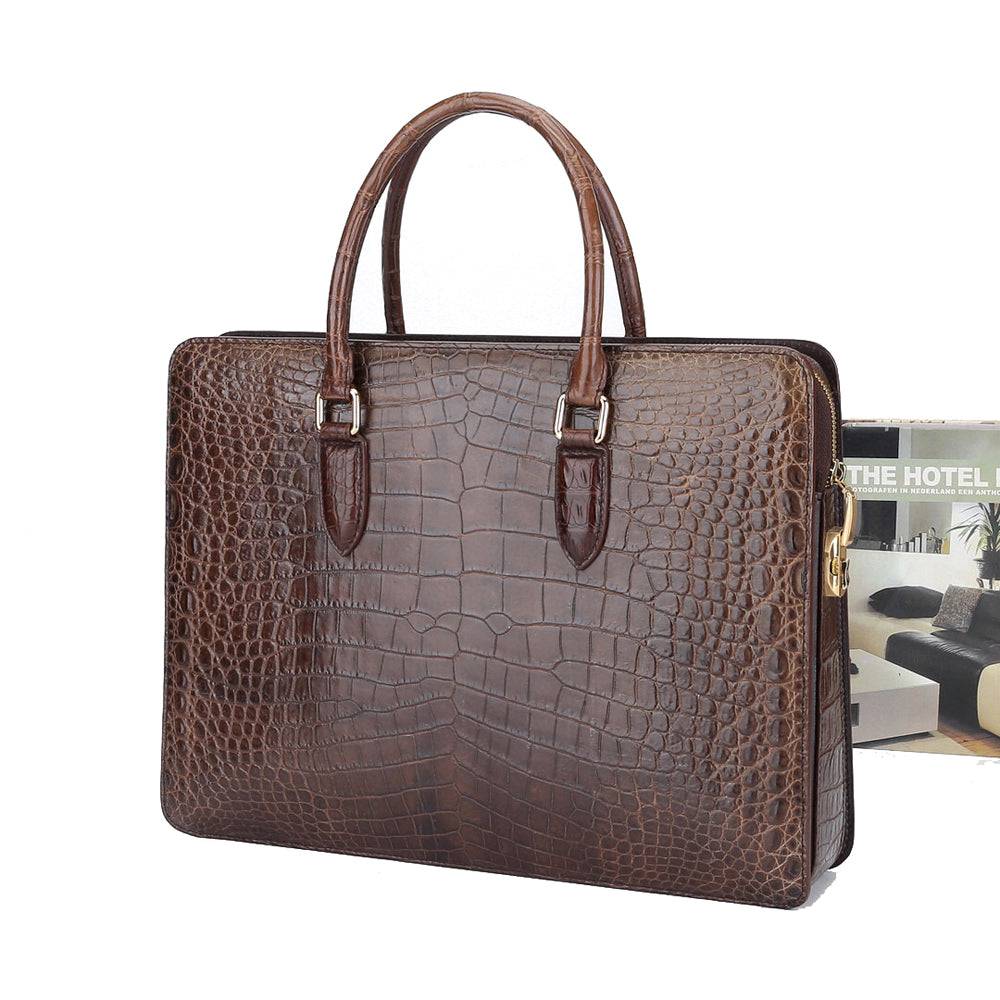 Large crocodile leather Rossie Viren briefcase with password code lock, designed for laptops and business use.