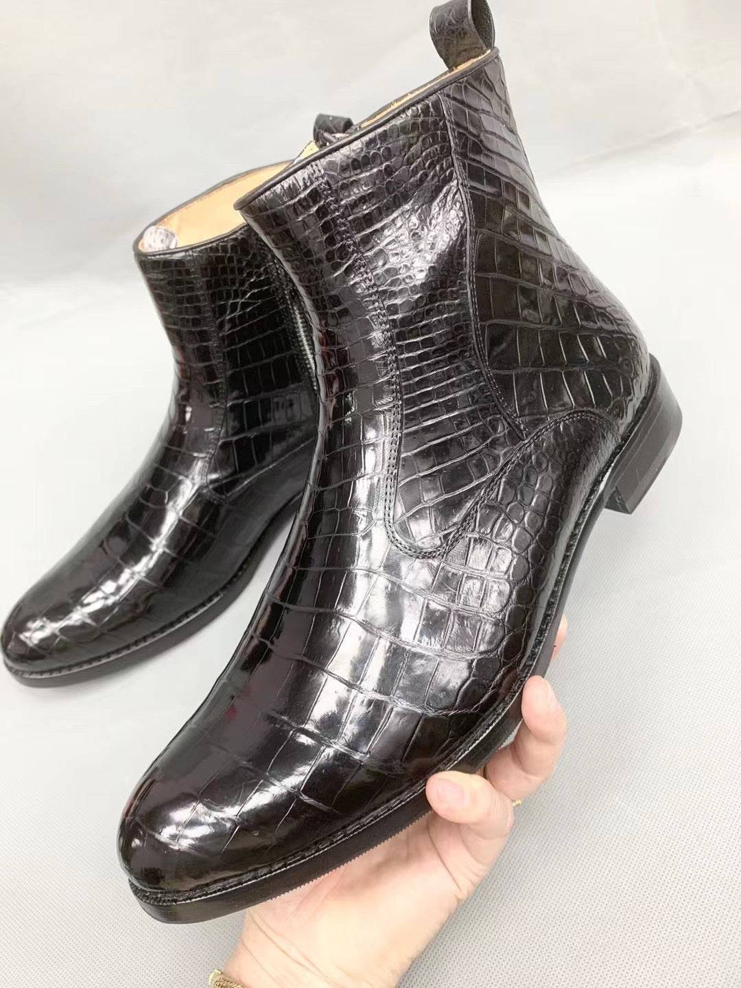 Crocodile Shoes Men Black Ankle Crocodile Leather Boot, Men Side Zipper Boot, Men Crocodile Leather Boots