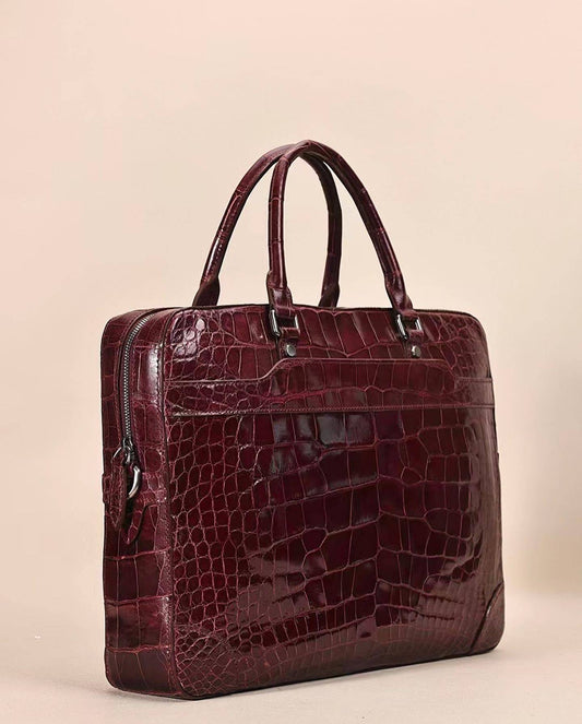 Men Genuine Crocodile Leather Briefcase Wine Red