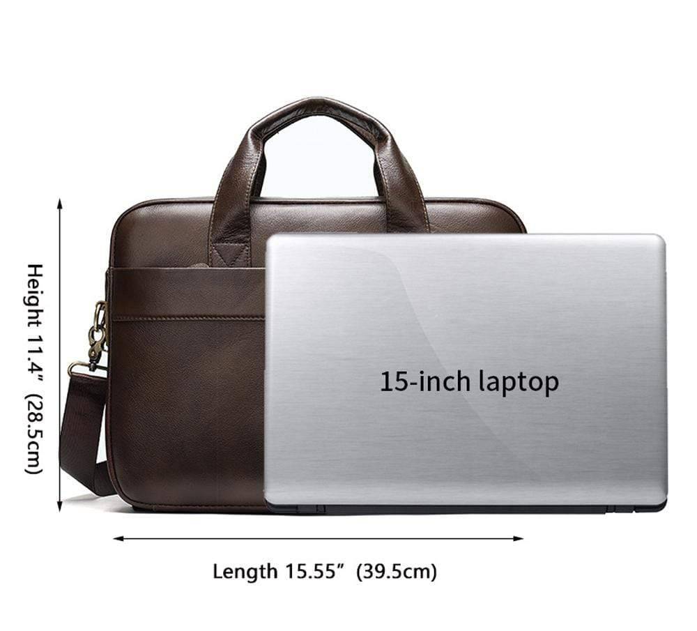 Men's brown leather Attache briefcase bag by Rossie Viren, featuring a sleek, professional handbag with sturdy handles and a classic design.