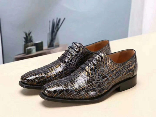 Crocodile Shoes Men s Crocodile Leather Gold burnishes Lace-Up Shoes ,Goodyear Sole
