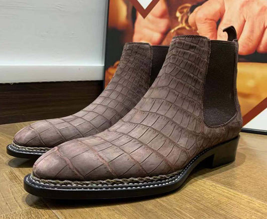 Crocodile Shoes Men's Nubuck Crocodile Leather Norwegian Stitch Chelsea Boots