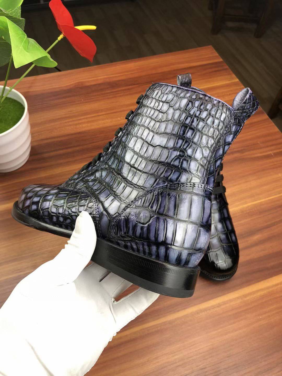 Men's vintage crocodile leather lace-up boots by Rossie Viren, showcasing detailed crocodile texture and classic footwear style.