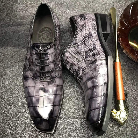 Crocodile Shoes Mens Brushed Vintage Grey Color Square Toe Lace Up Genuine Crocodile Leather Dress Shoe