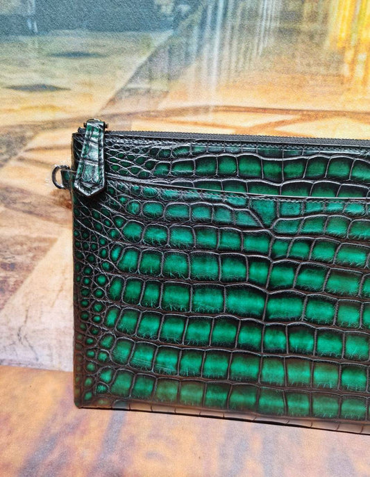 Mens Crocodile Leather Business Zip Clutch Bags Vintage
