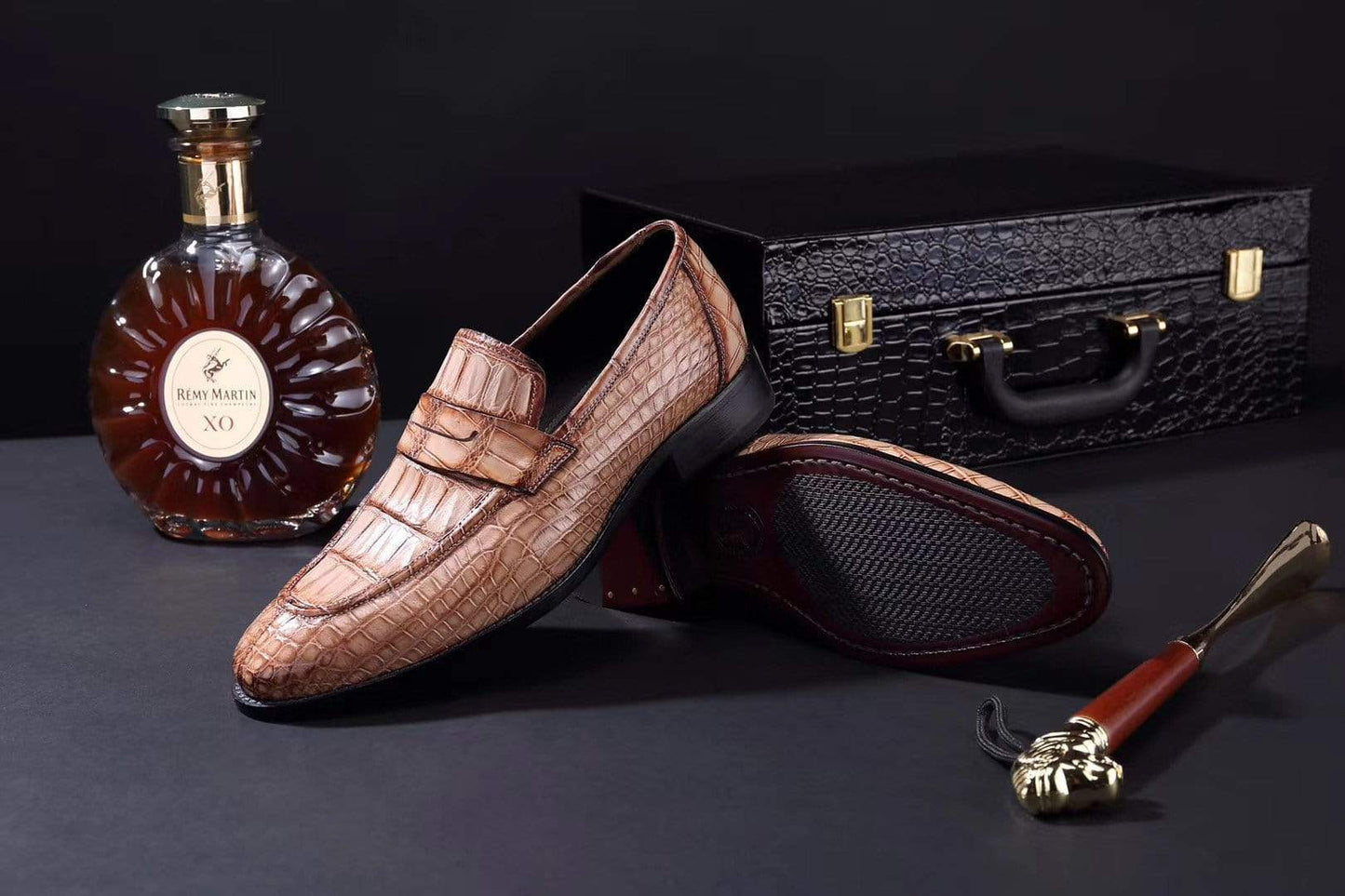 Mens Crocodile Leather Penny Loafer Shoes by Rossie Viren, stylish dress shoes featuring detailed crocodile leather texture.