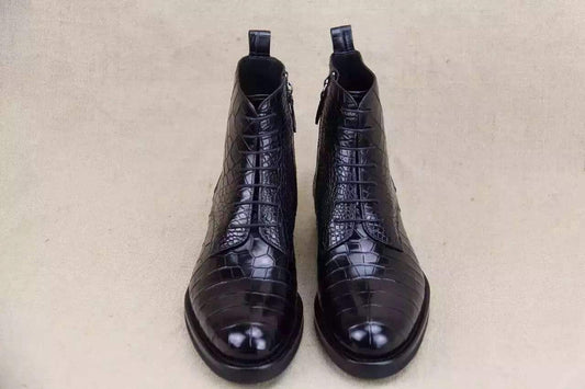 Crocodile Shoes Mens Crocodile Leather Side Zipper Lace Up Boots