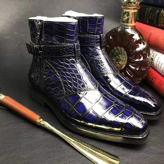 Crocodile Shoes Mens Crocodile Leather Side Zipper Single Buckle Boots
