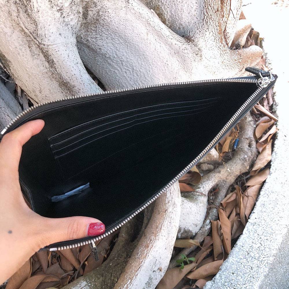 Large men's genuine crocodile skin leather clutch by Rossie Viren, showcasing textured crocodile pattern and sleek design.