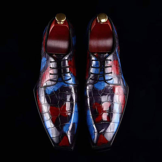 Crocodile Shoes Mens Multi Color Square Toe Lace Up Genuine Crocodile Leather Dress Shoe