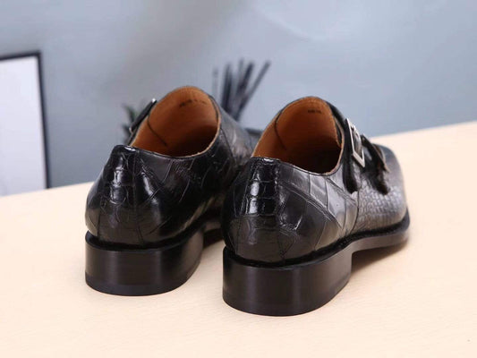 Preorder Crocodile Shoes Mens Shoes Crocodile Leather Monk Double Strap Dress Shoes,Goodyear Sole