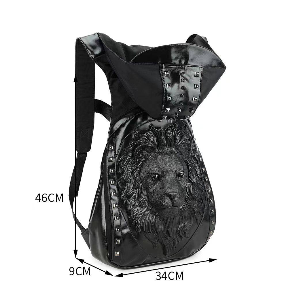 Mens 3D Lion King studded hooded messenger backpack by Rossie Viren with lion graphic and stud accents.