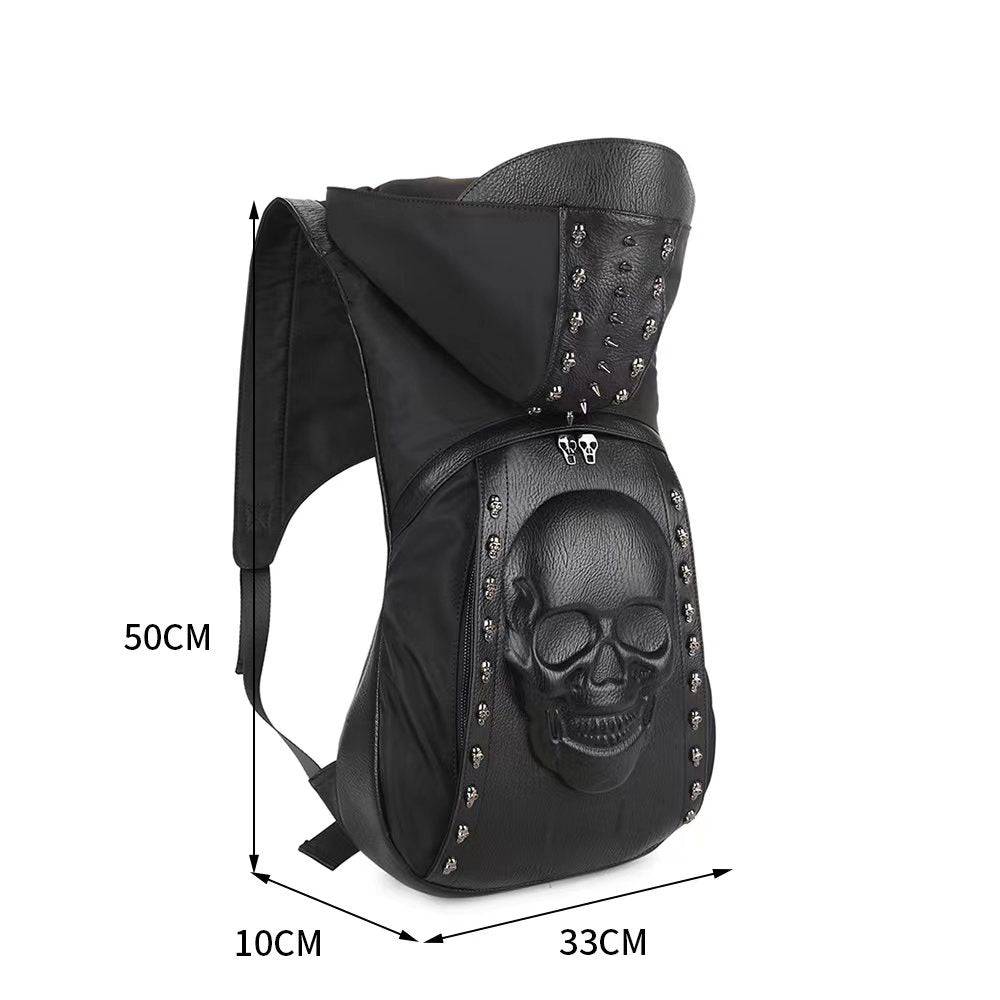 Mens 3D studded smiling skull hooded messenger backpack by Rossie Viren with large capacity and bold design.