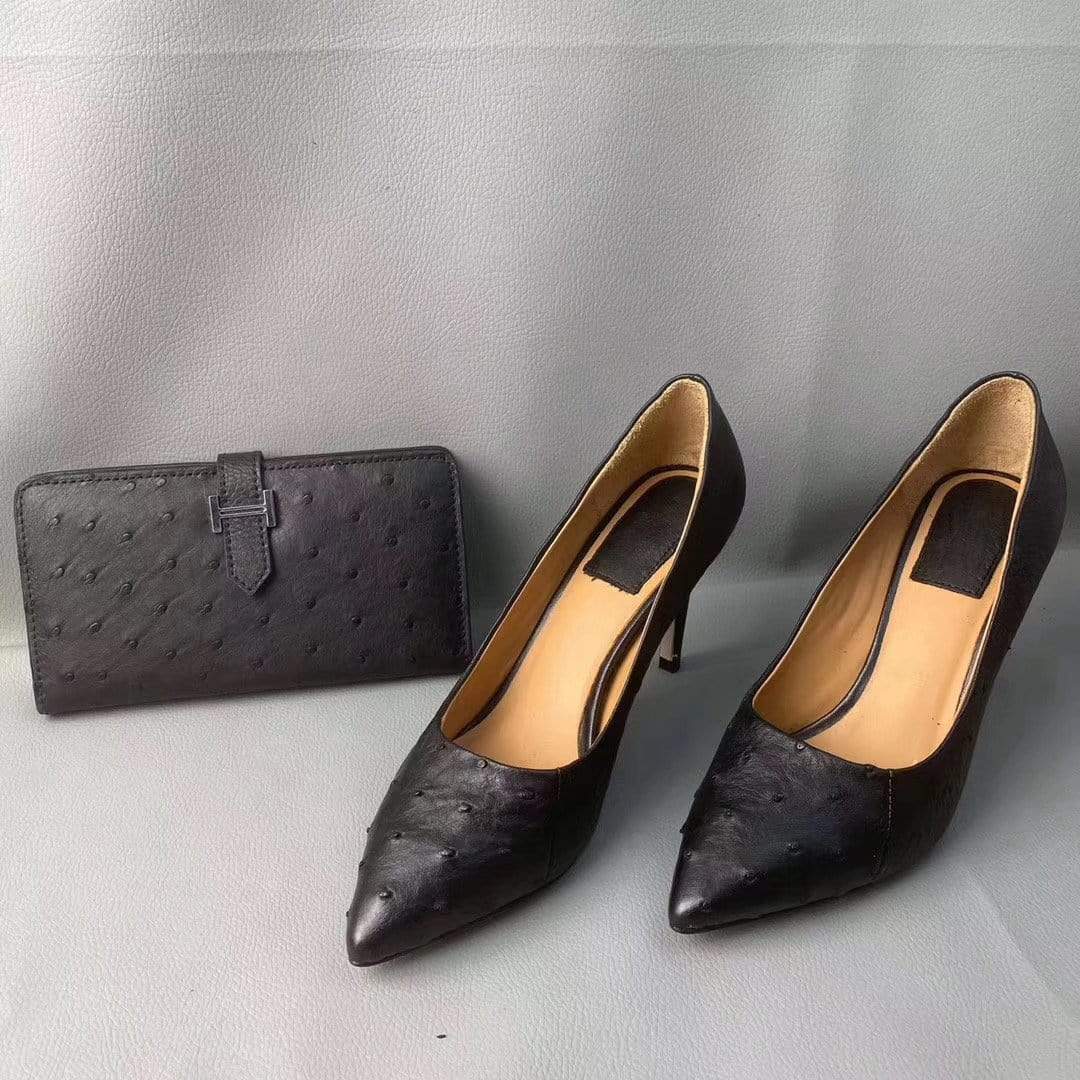 Rossie Viren crocodile and ostrich leather women's pumps with high heels, stylish and elegant footwear for women.