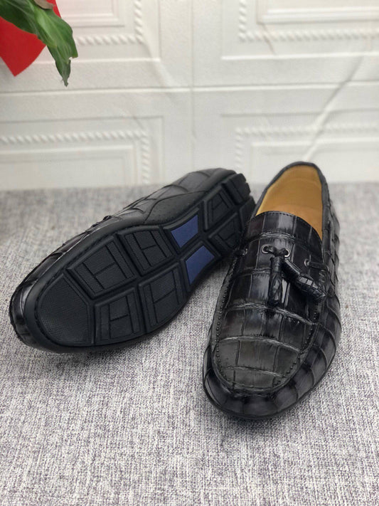 Preorder Crocodile Leather Shoes Mens Slip-On Driving Loafer Shoes With Tassle Vintage Dark Grey