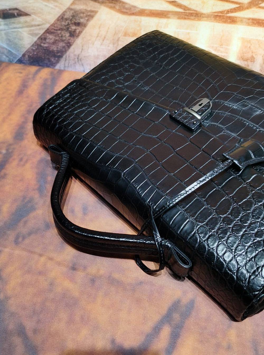 Preorder Genuine Crocodile Shiny Leather Briefcase Business Bags Dark Blue