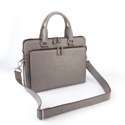 Preorder Men's Crocodile Leather Briefcase with Front Zip Pocket Dark Grey