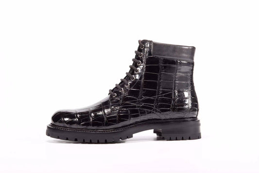 Preorder Mens Boots Genuine Crocodile Skin Leather High-top Lace Up Anti-Slip Boot Black