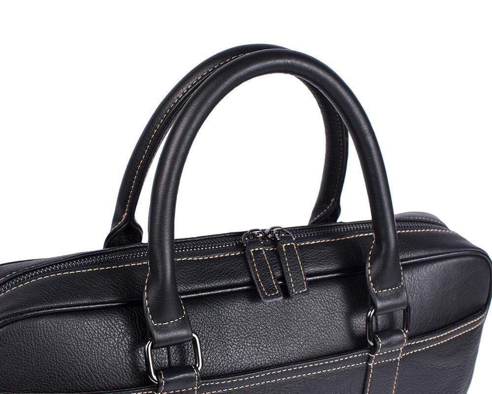 Rossie Viren Vintage Classic Double Zip Leather Briefcase Work Bags Brown Stitching