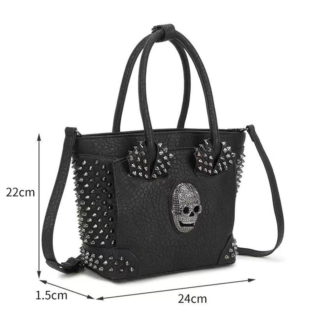 Rossie Viren 3D studded skull shopper bag with bold skull design and textured details, perfect for edgy fashion styles.