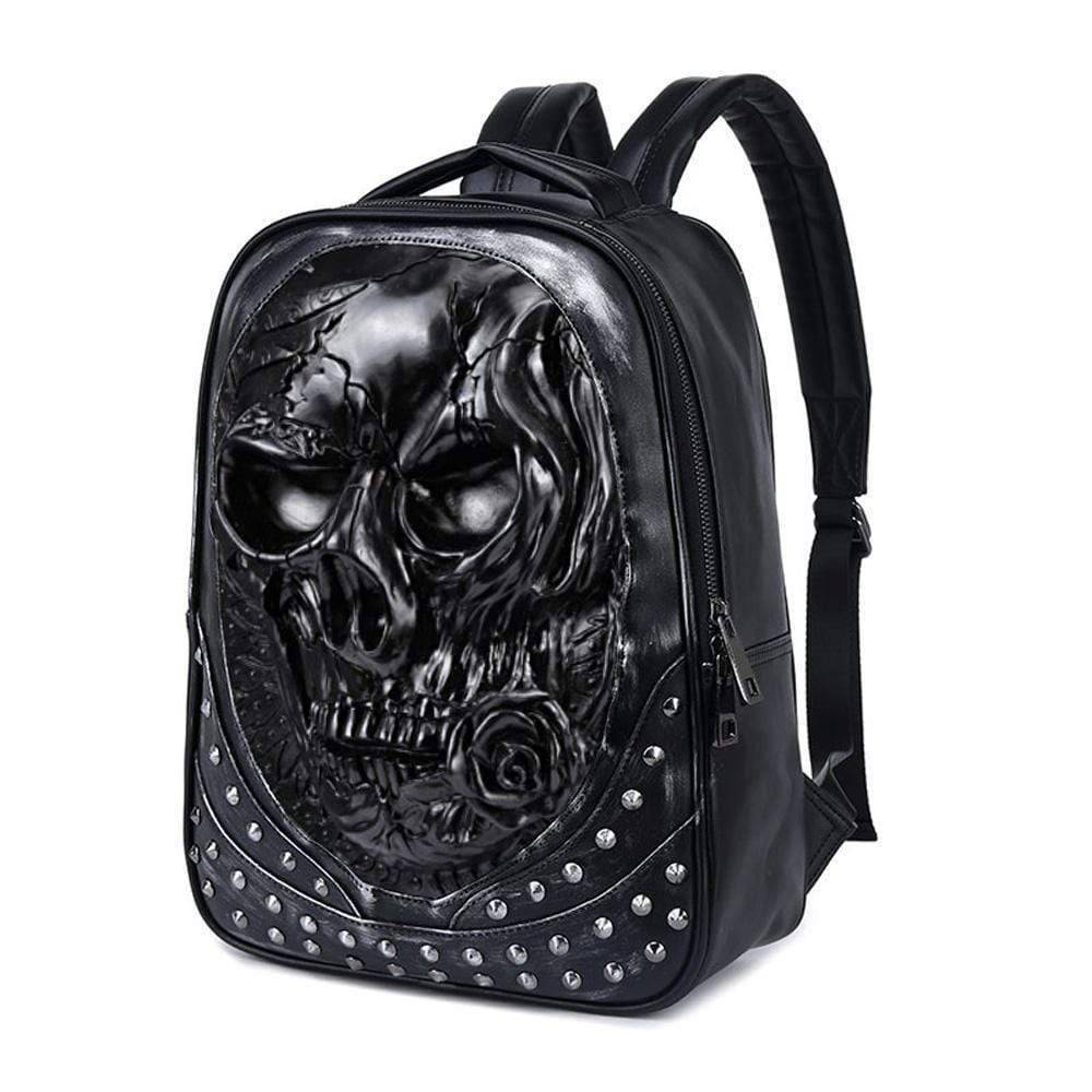 Rossie Viren 3D skull backpack with studded details, rose accents, perfect for laptops and everyday use.