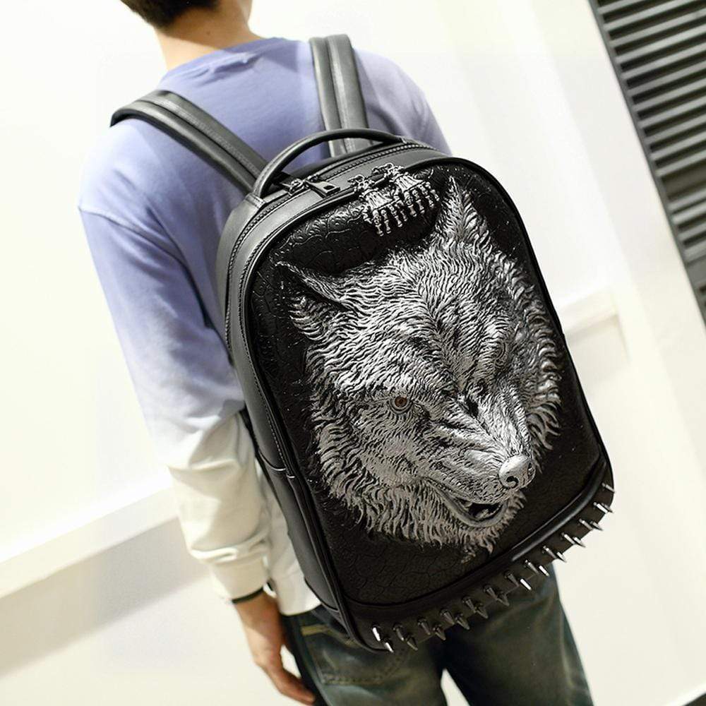Unisex 3D Angry Wolf PU leather casual laptop backpack with rivet details, stylish school bag by Rossie Viren.