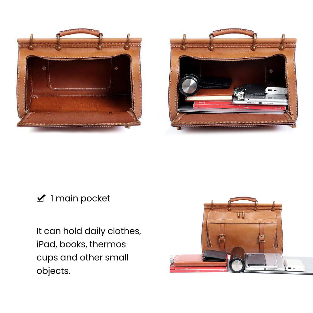 Unisex vintage vegetable-tanned leather weekender duffle bag with luggage sleeve, suitable for gym, travel, and casual use by men and women.