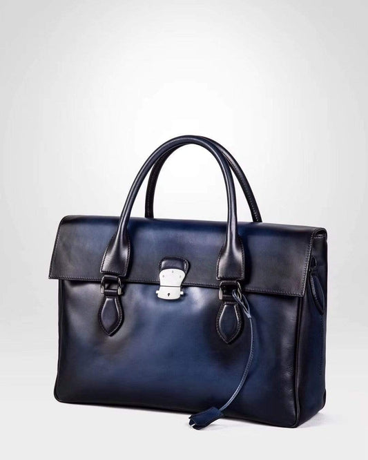 Vintage Large Smooth Cowhide Leather Foldover Briefcase Blue