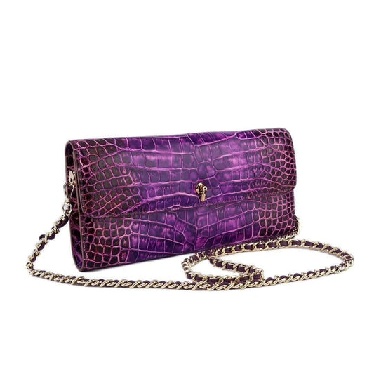 Women's Crocodile Leather Pouches Chain Pouchette Clutch Bags Purple