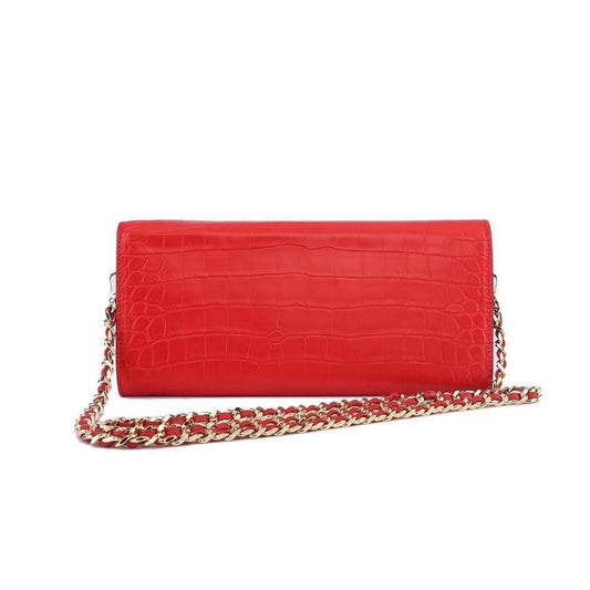 Women's Crocodile Leather Pouches Chain Pouchette Clutch Bags Red