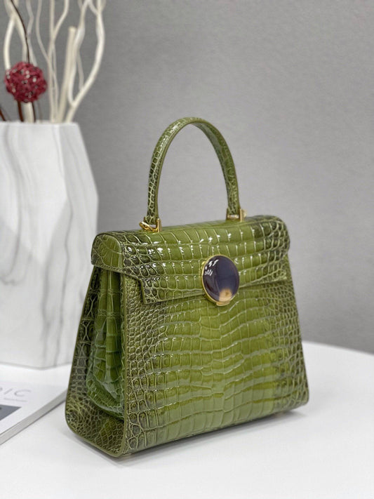 Women's High Glossy Beaded Crocodile Leather Top Handle Cross Body Bag