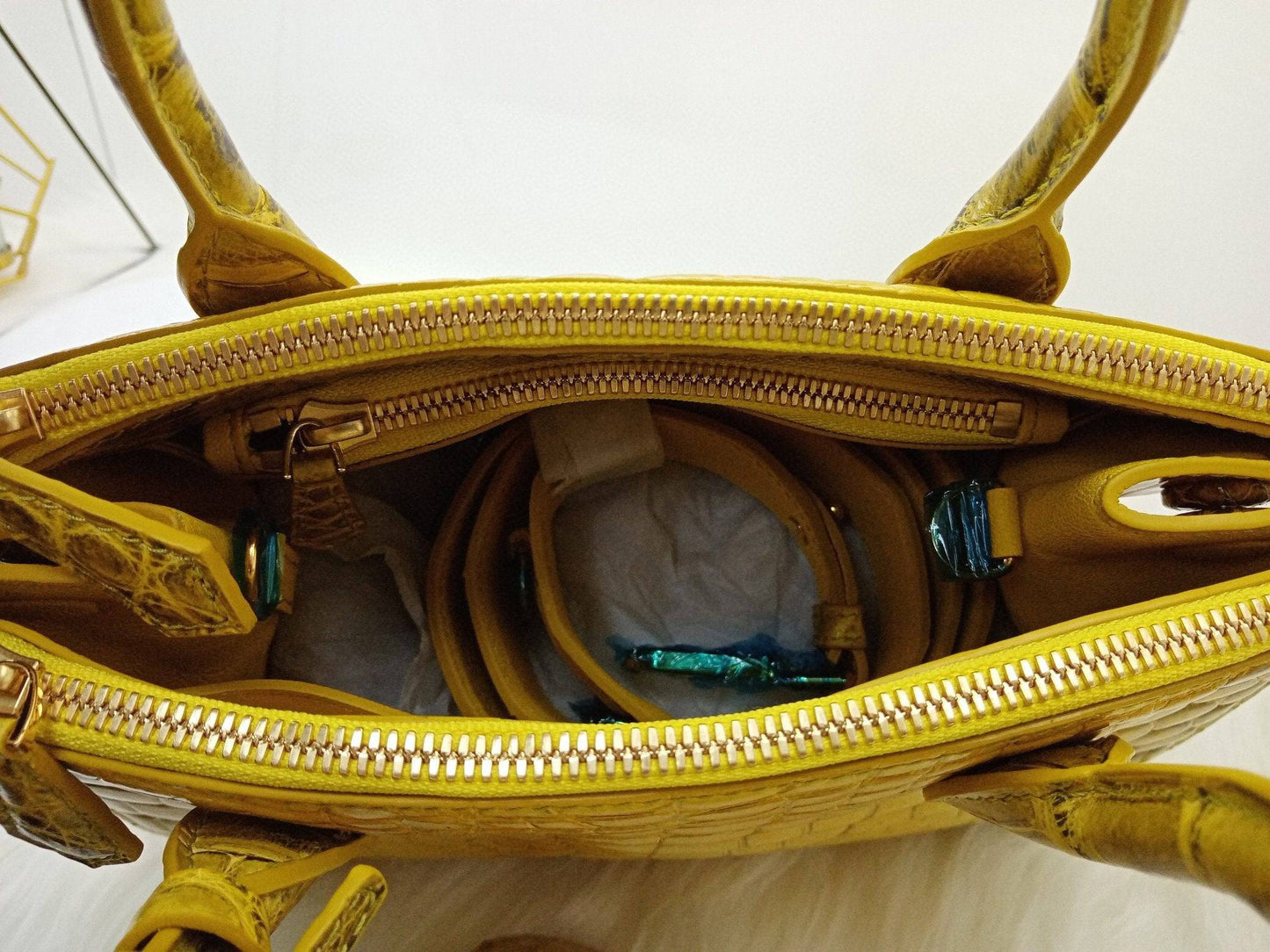 Women's High Glossy Beaded Crocodile Leather Top Handle Cross Body Bag Himalaya Yellow