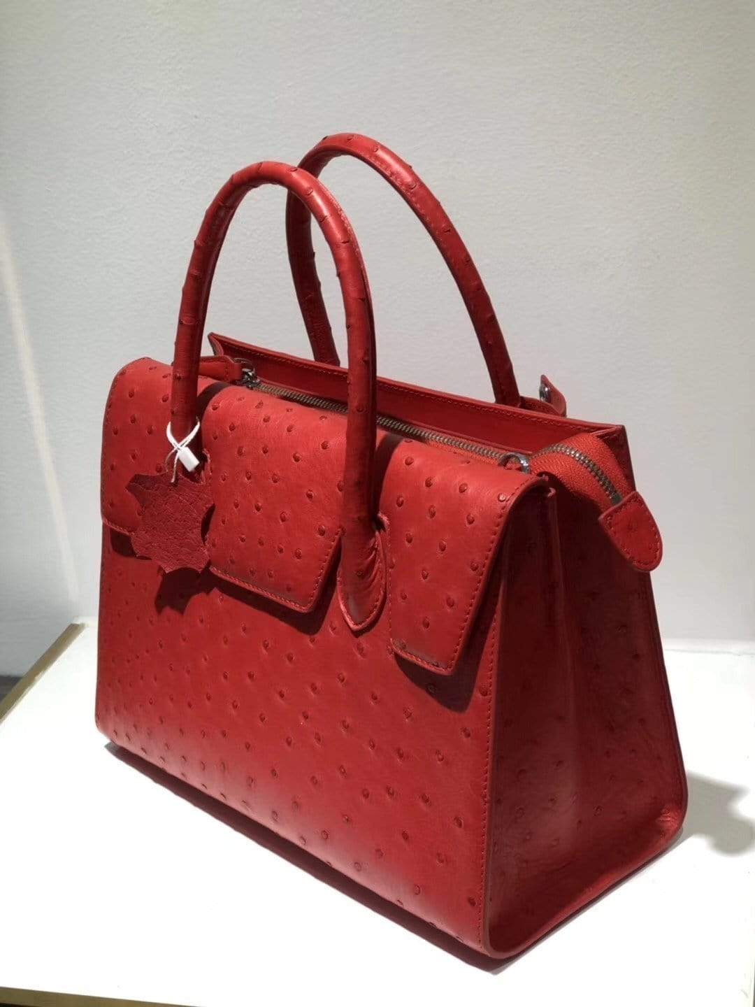 Women's genuine ostrich leather flap-over zipper satchel tote bag by Rossie Viren, featuring textured leather and spacious interior.
