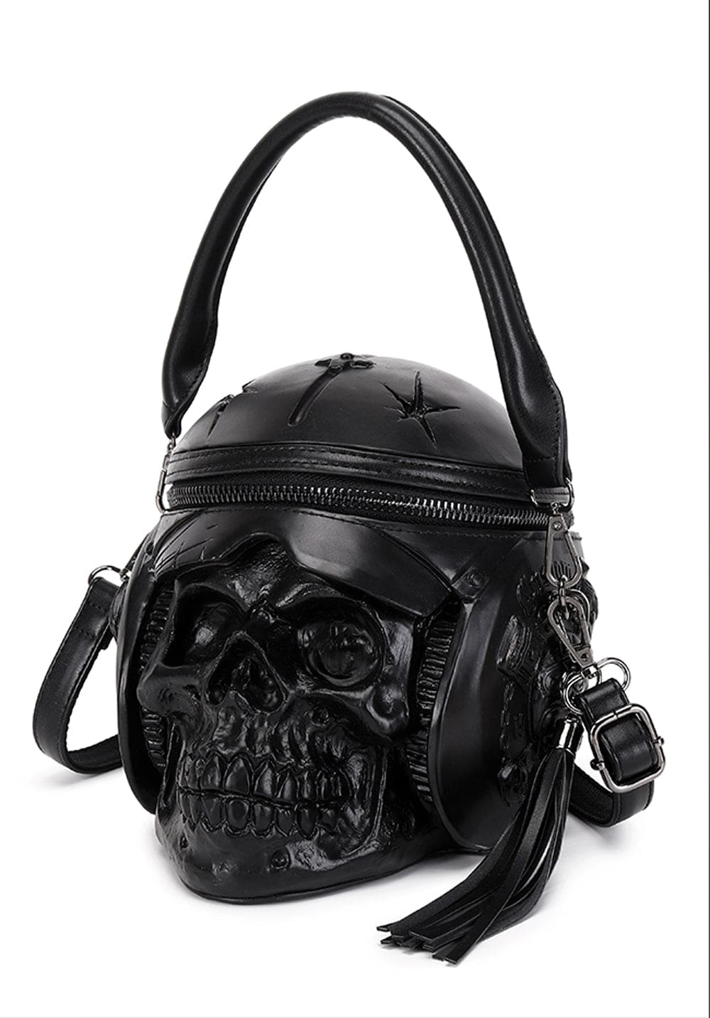 Rossie Viren 3D skull cross body bag with helmet and earphone design, featuring a shoulder strap and stylish handle.