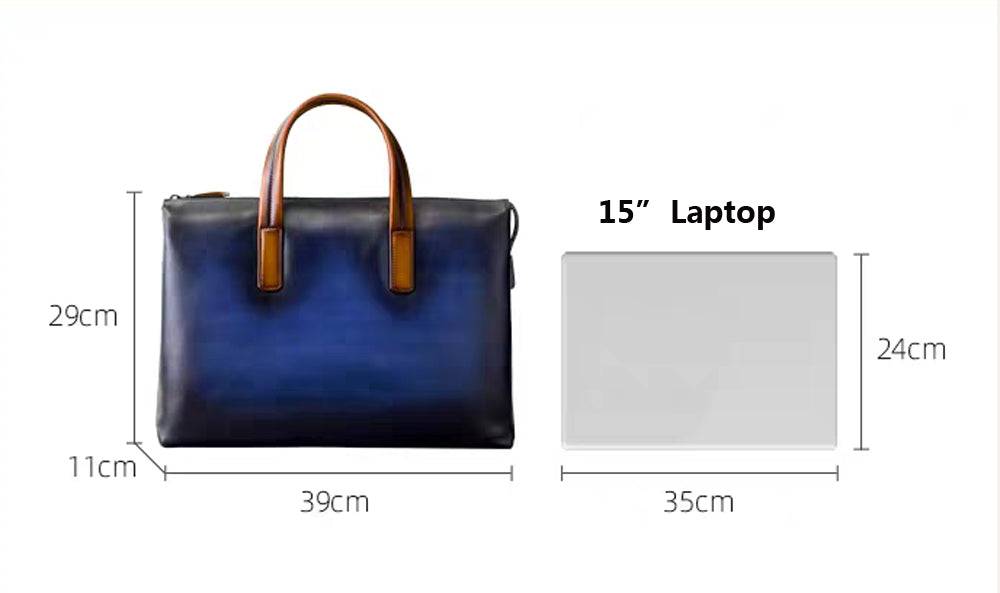Vintage 15-inch leather laptop briefcase handbag by Rossie Viren, featuring a classic design with sturdy handles and secure closure.