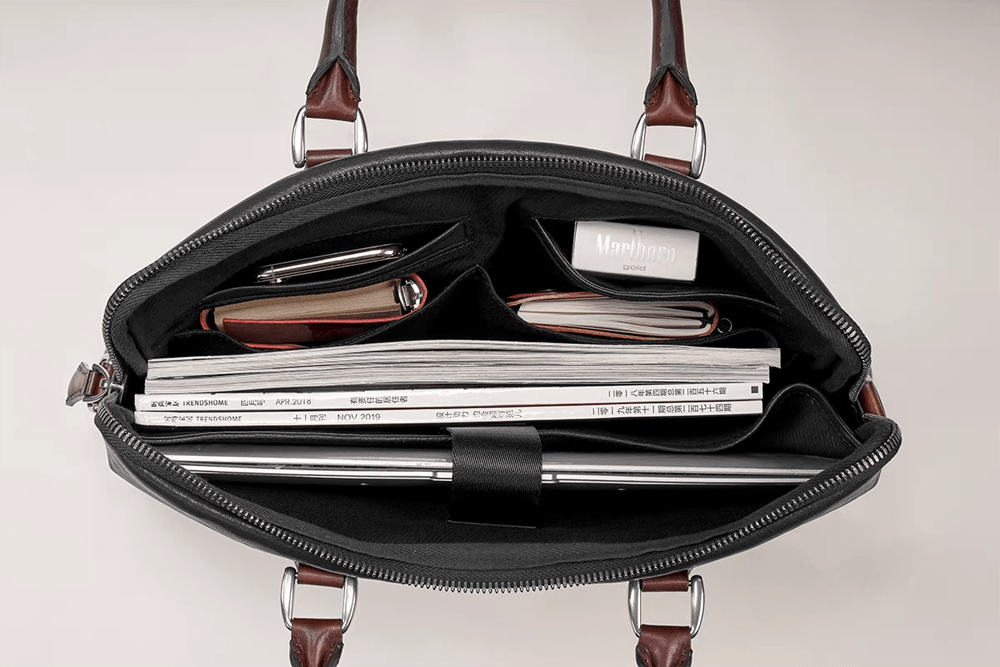 Black 15-inch Rossie Viren imported calfskin leather laptop briefcase bag with sturdy handles and sleek classic design.