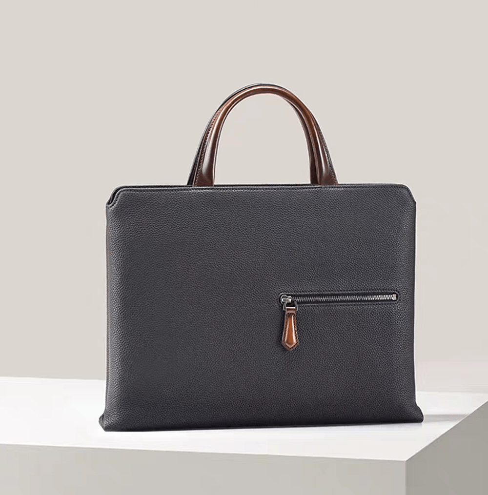 Black 14-inch imported grainy leather laptop briefcase bag by Rossie Viren, stylish handbag with sturdy handles and sleek design.