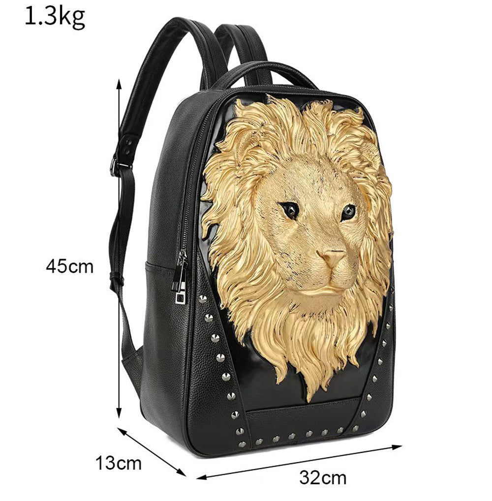 Rossie Viren 3D leather backpack featuring a detailed lion head design, ideal for travel and outdoor use, with a spacious interior.