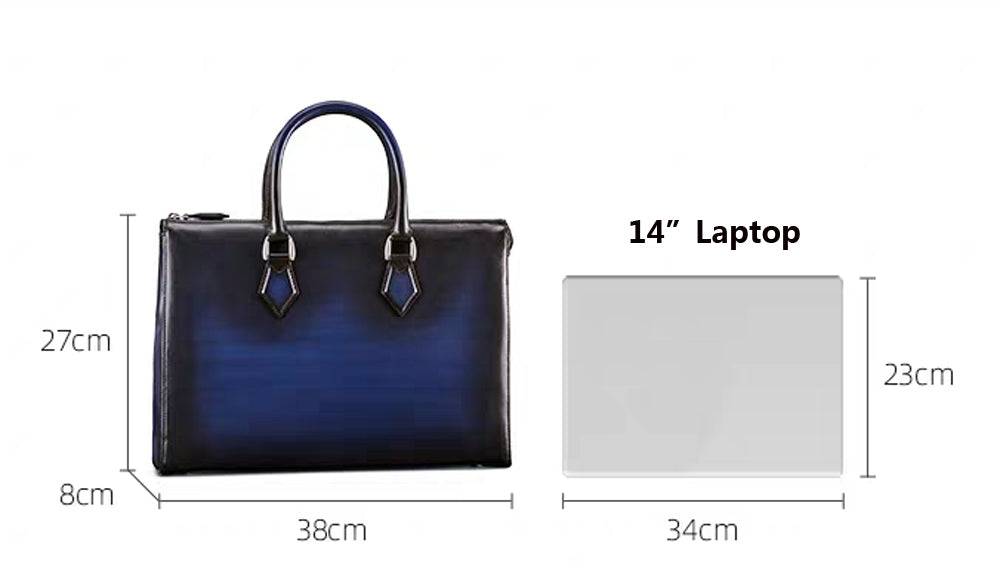 Vintage 14-inch leather laptop briefcase handbag by Rossie Viren, showcasing a classic design with sturdy handles and imported craftsmanship.