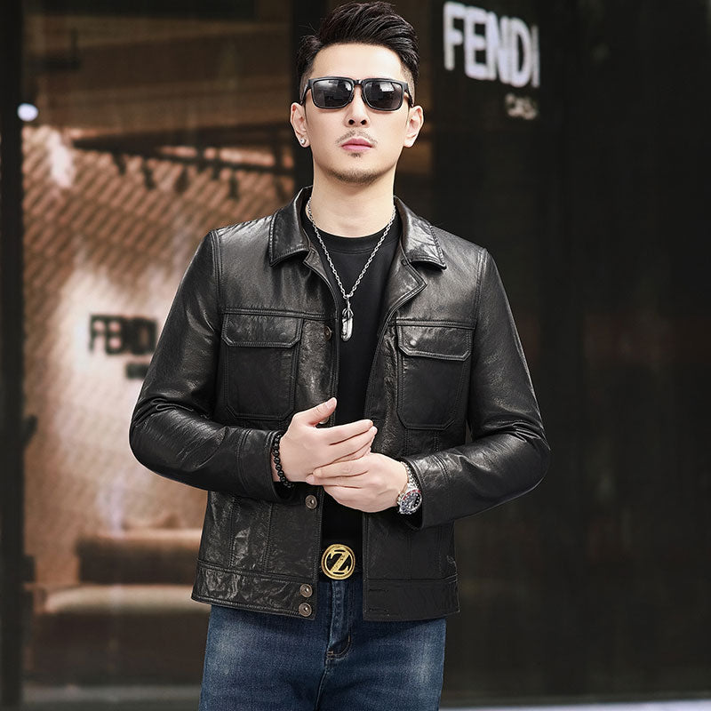 Men's calfskin leather jacket with notch lapel collar and button fastening, stylish Rossie Viren leather jacket for men.