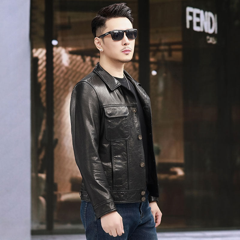 Men's calfskin leather jacket with notch lapel collar and button fastening, stylish Rossie Viren leather jacket.