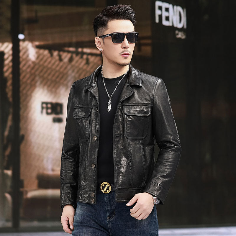 Men's calfskin leather jacket with notch lapel collar and button fastening, stylish Rossie Viren jacket on a hanger.