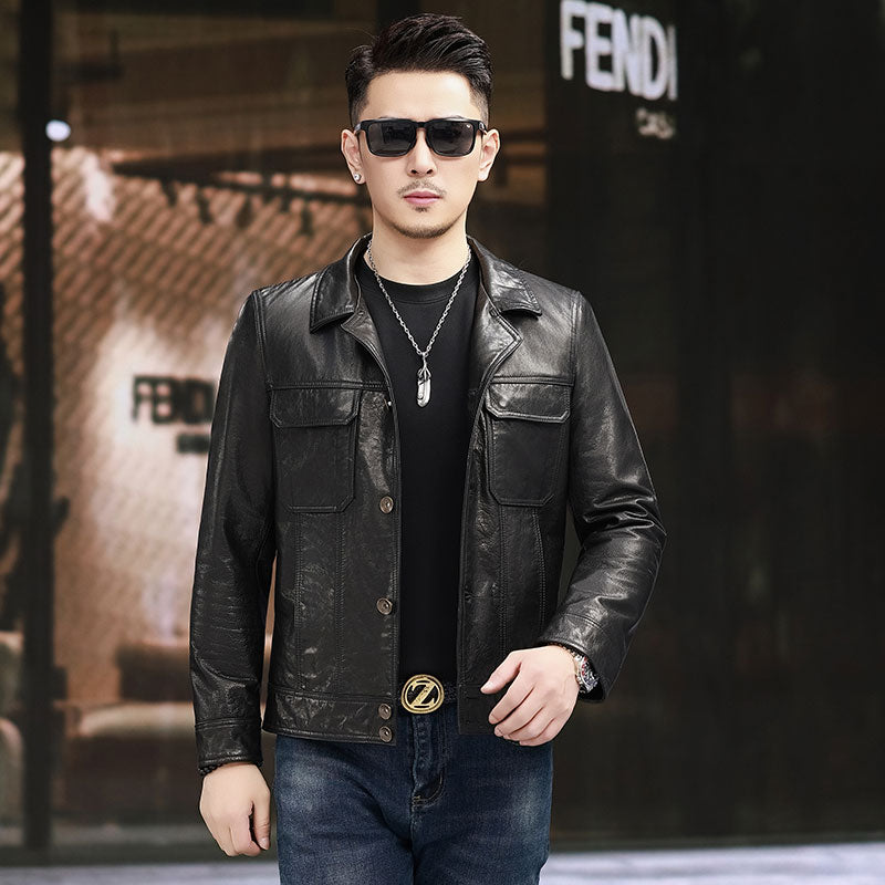 Men's calfskin leather jacket with notch lapel collar and button fastening by Rossie Viren, stylish and durable outerwear.