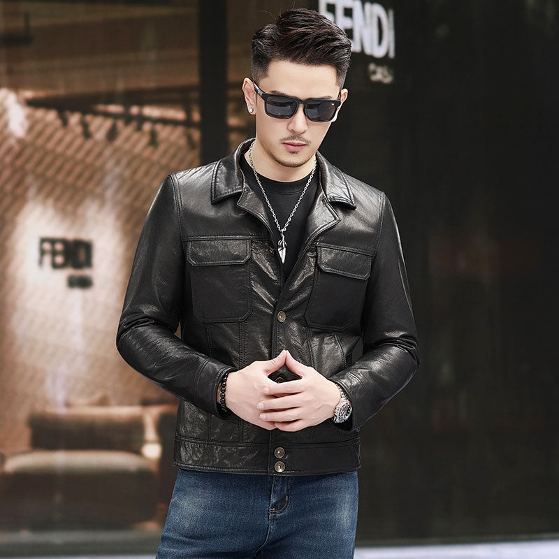 Men's calfskin leather jacket with notch lapel collar and button fastening, stylish Rossie Viren leather jacket front view.